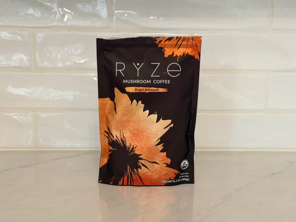 RYZE mushroom coffee on kitchen counter